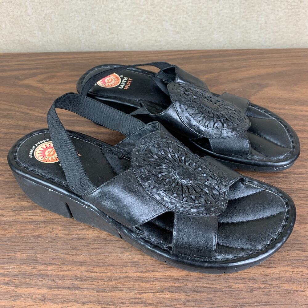 Earth Spirit Women's Black Leather Sling Back Mohican Sandal Wedge Gelron 2000